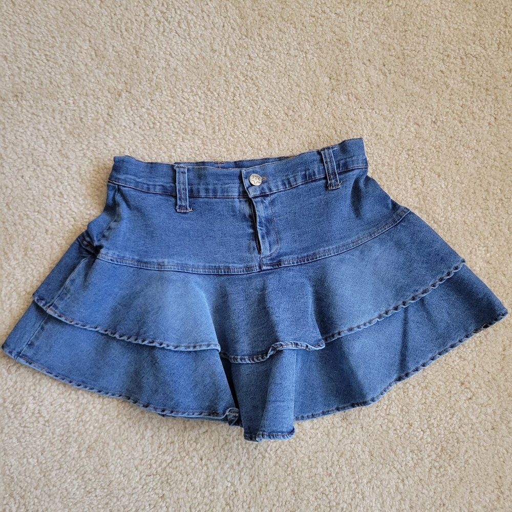 Y2K Denim Ruffle Mini Skirt Tiered Low Rise Jean Skirt Coquette Festival Bratz
